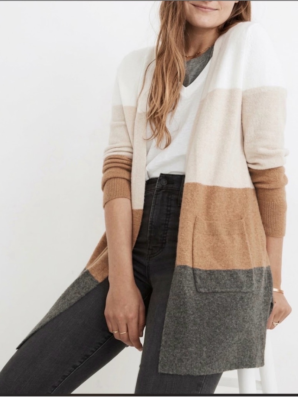 Madewell Wool Blend Kent Colorblock Open Front Long Cardigan , size Small